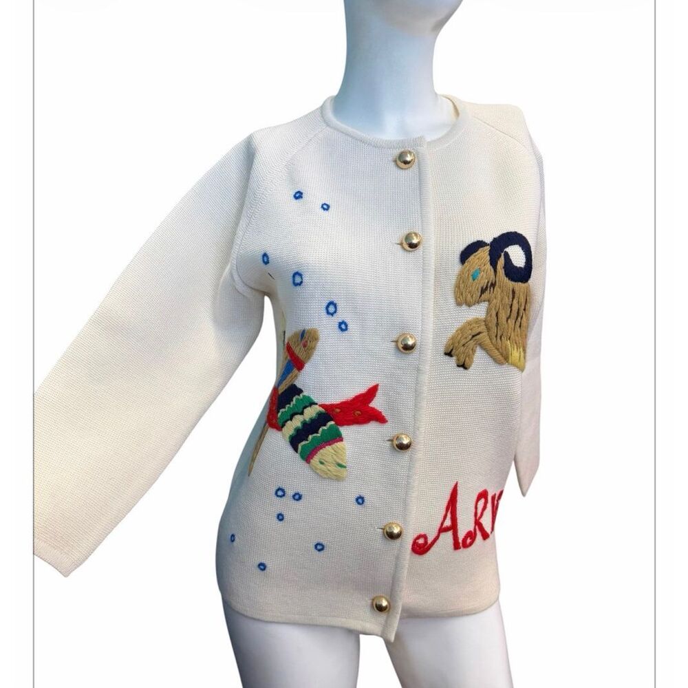 Leroy Knitwear Vintage 60’s Aries Zodiak Embroidered Sweater Women’s Size Small - Picture 3 of 16